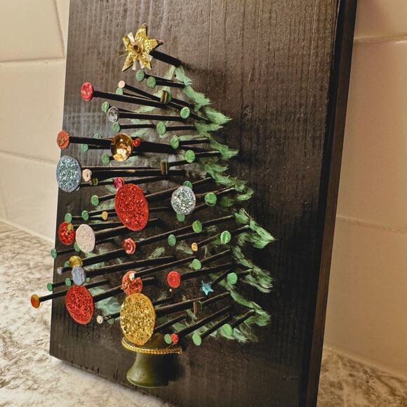 Vintage Handmade Nail Art Christmas Tree Plaque | Mixed Media Wood Decor - Picture 5 of 11